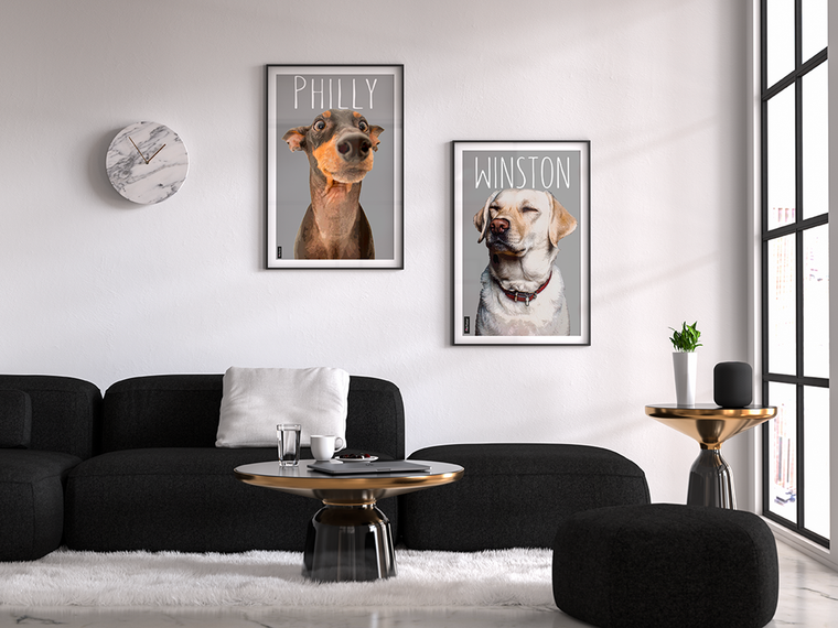 Custom pop art of dogs displayed in a beautiful living room