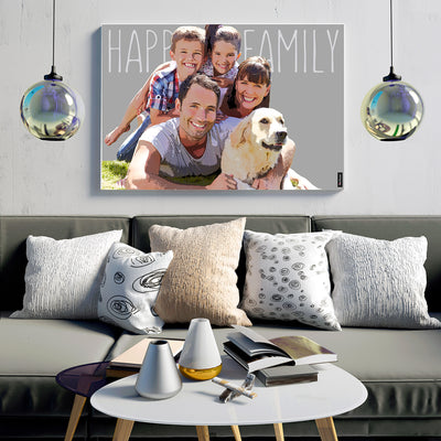 custom pop art canvas - Custom wallart of happy family on canvas displayed in a nice living room